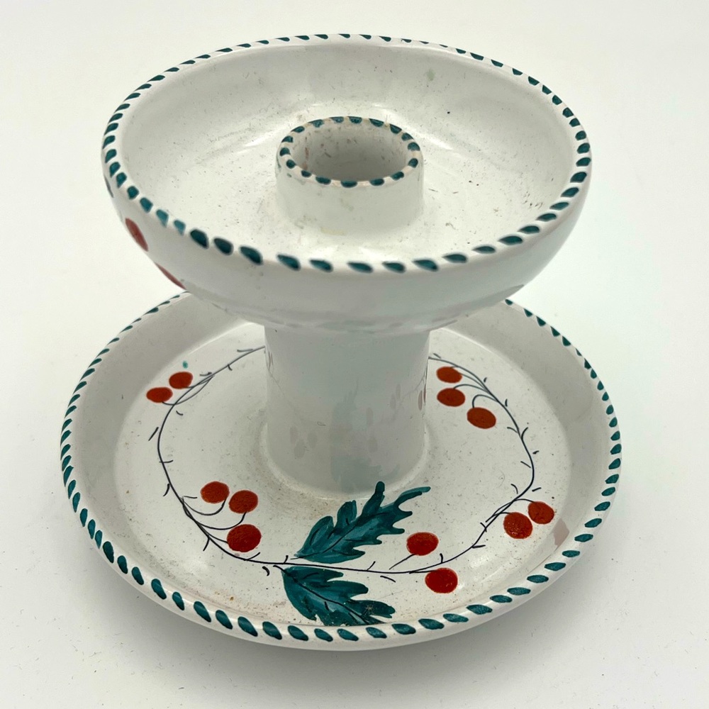 Vintage Christmas Holly Berry Hand Painted Taper Candle Holder. Signed. Italy.